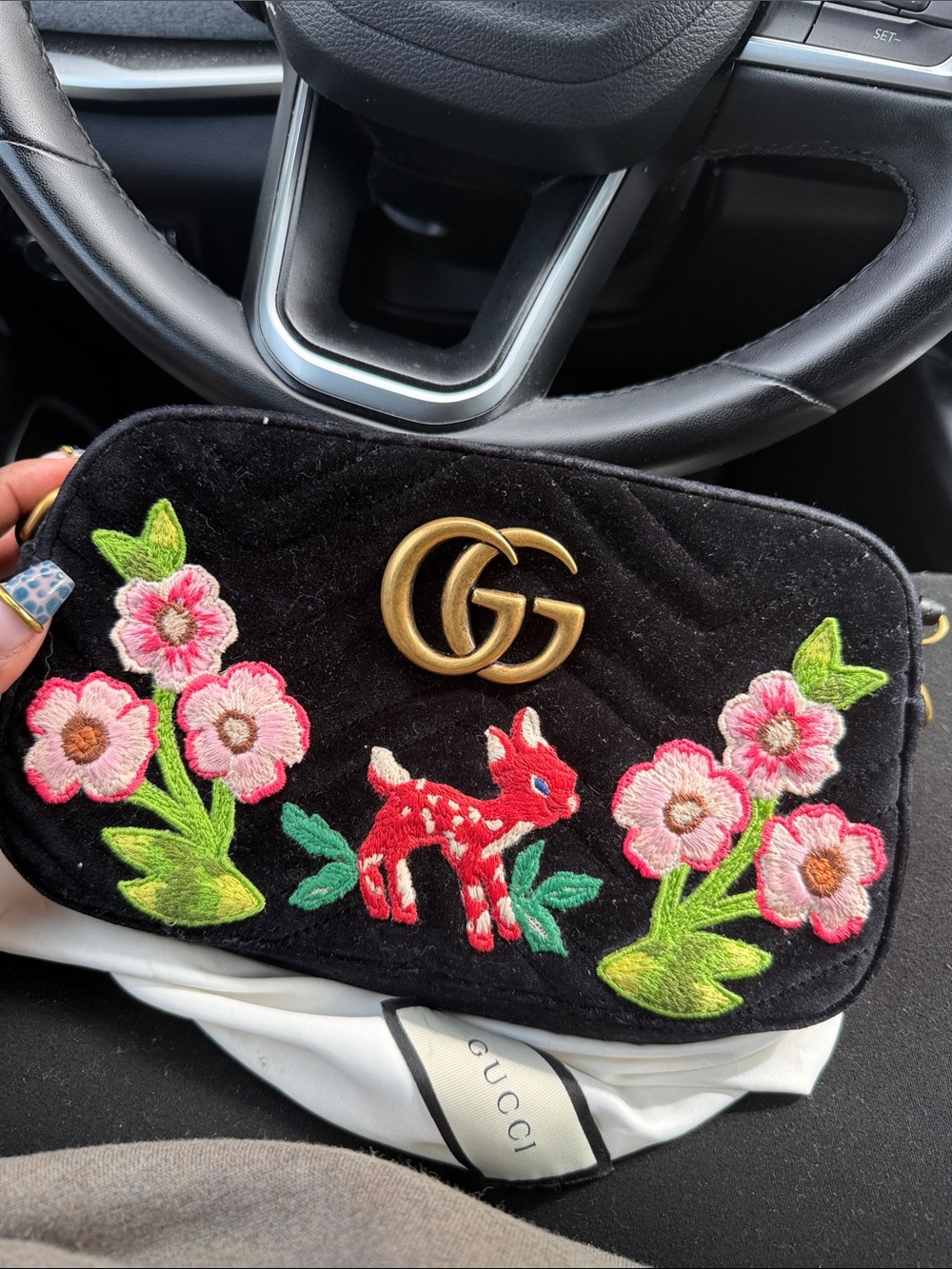 Gucci Black Velvet Floral Embroidered Crossbody with Gold GG